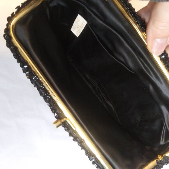 Vintage made in Hong Kong  black Beaded and Sequined clutch handbag kiss clasp - Picture 17 of 17